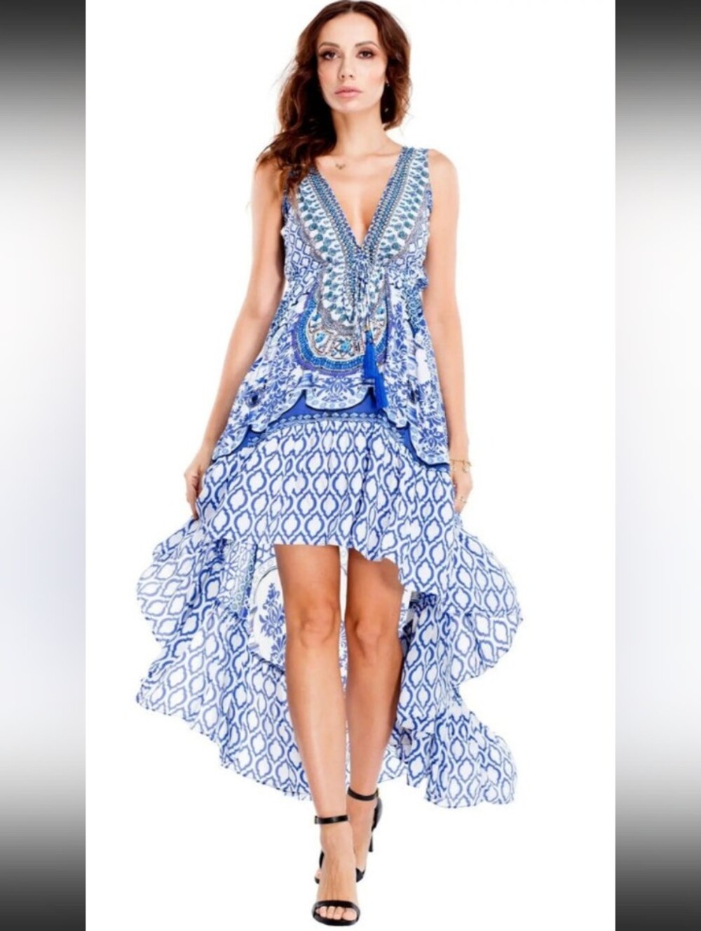 True Colours La Moda Blue Mosaic Print High- Low Ruffle Resort Maxi Dress